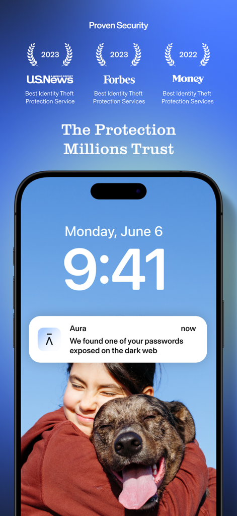Aura security app displaying identity theft protection awards and a dark web alert notification on an iPhone lock screen.