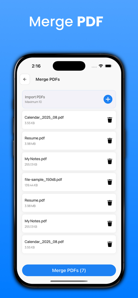 Printer App: Photo & Scan Pdf - Pantalla de smartphone que muestra la función de fusionar PDF con una lista de documentos