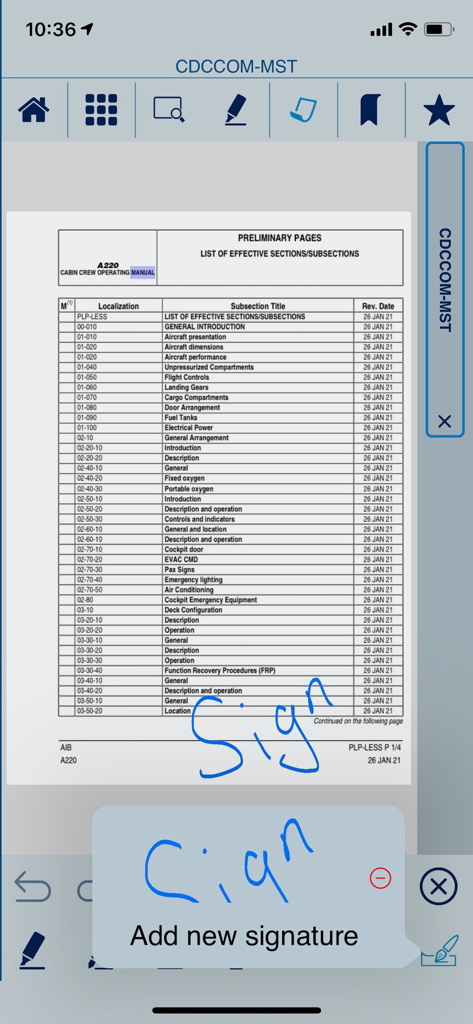 Digital signature interface for aircraft manuals within the Airbus A220 Flight Deck app