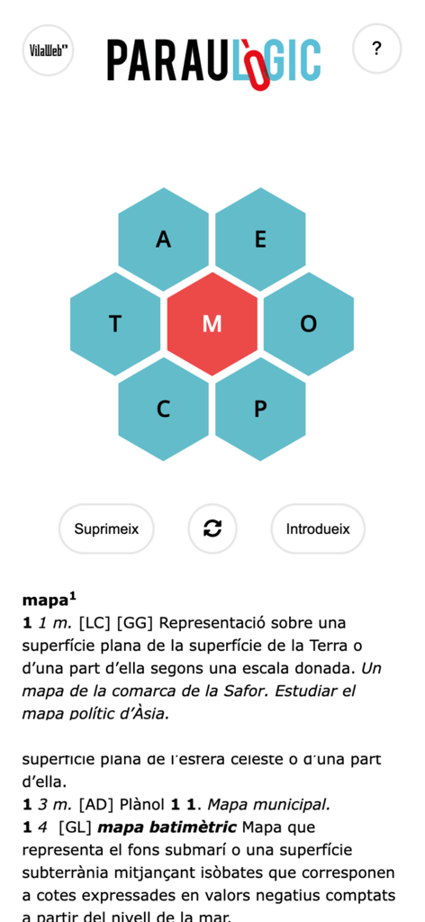 Paraulògic Oficial - Interfaz del juego de puzle de palabras en catalán Paraulògic que muestra un panal de letras y la definición del diccionario