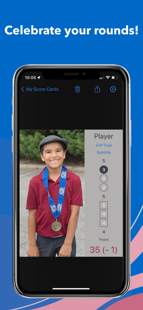 Back Nine - iPhone screenshot of the Back Nine app showing a customized shareable golf scorecard with a photo of a young player.