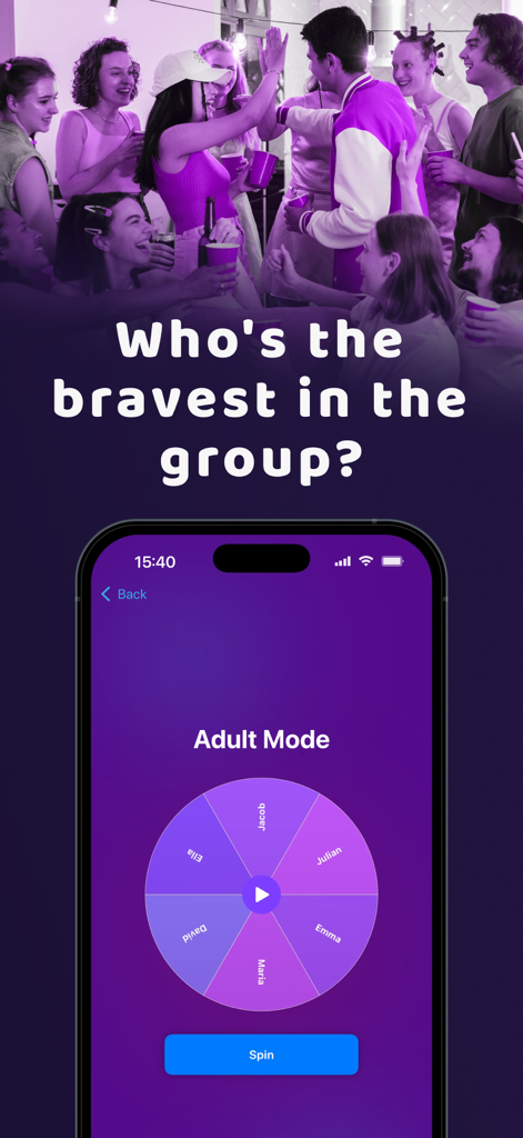 Truth or Dare 1000+ - Captura de pantalla de la aplicación Verdad o Reto mostrando el modo Adultos con una rueda giratoria y amigos en una fiesta