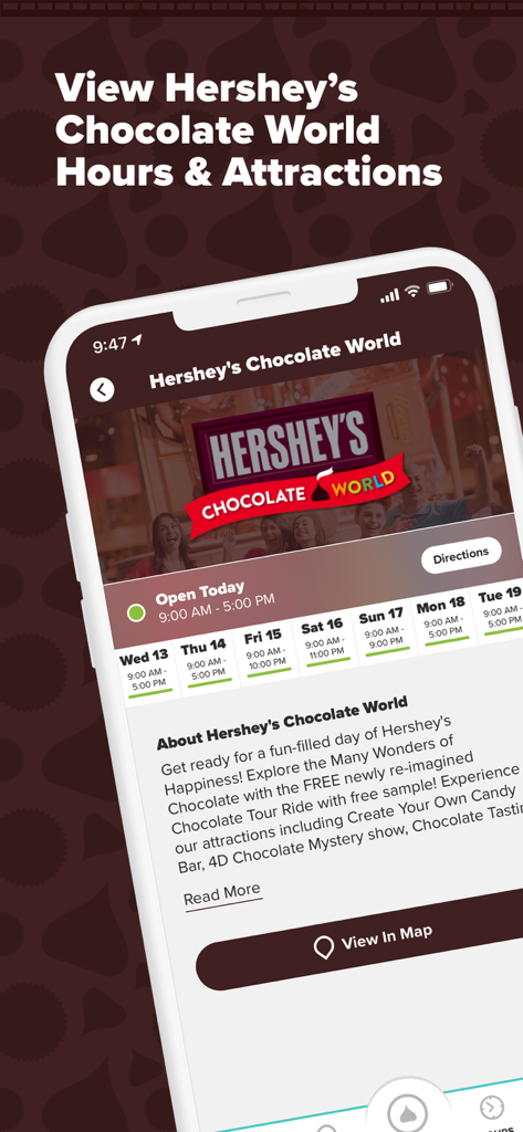 Hersheypark - Hersheypark mobile app displaying opening hours and attraction details for Hersheys Chocolate World