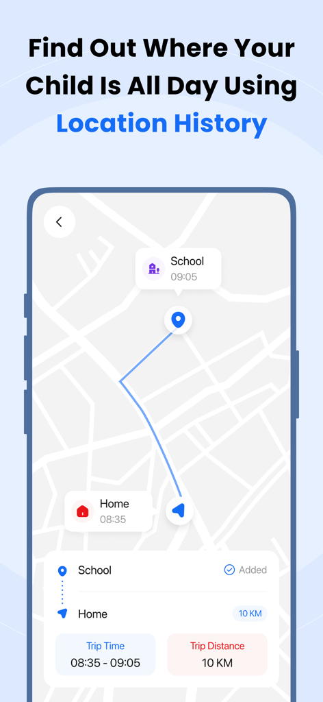 Screenshot of FamilyTime parental control app showing child location history on a map