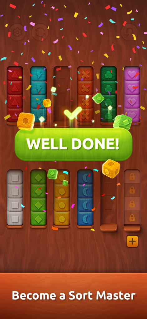Victory screen of Colorwood Sort Puzzle Game showing sorted colored wooden blocks and a Well Done message with confetti
