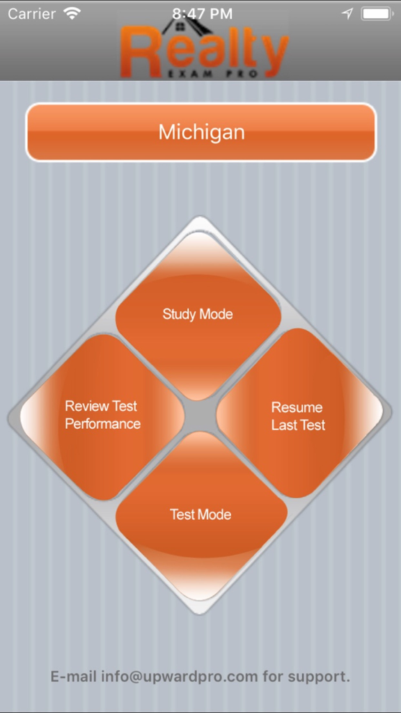 Home screen of the Michigan Real Estate Test Prep app featuring study and test modes