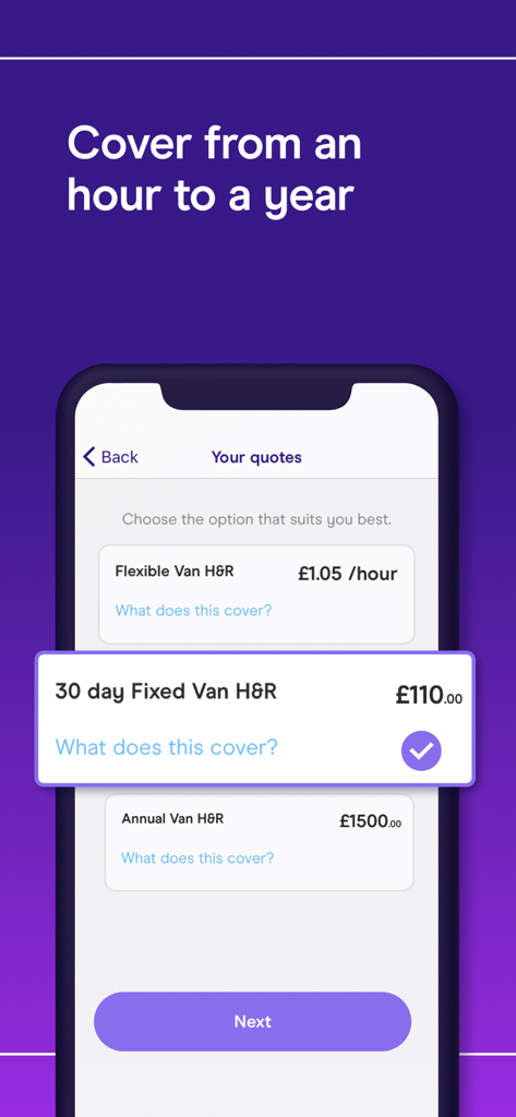 Zego app screen showing flexible insurance quote options for delivery drivers including hourly and monthly plans