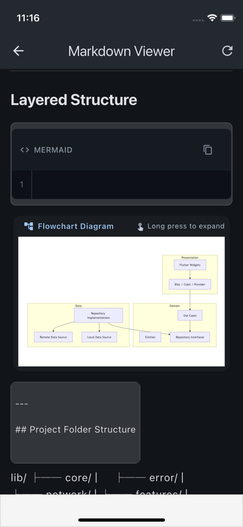 Easy Markdown Reader - Interface of the Easy Markdown Reader app displaying a rendered Mermaid flowchart diagram within a technical document in dark mode.