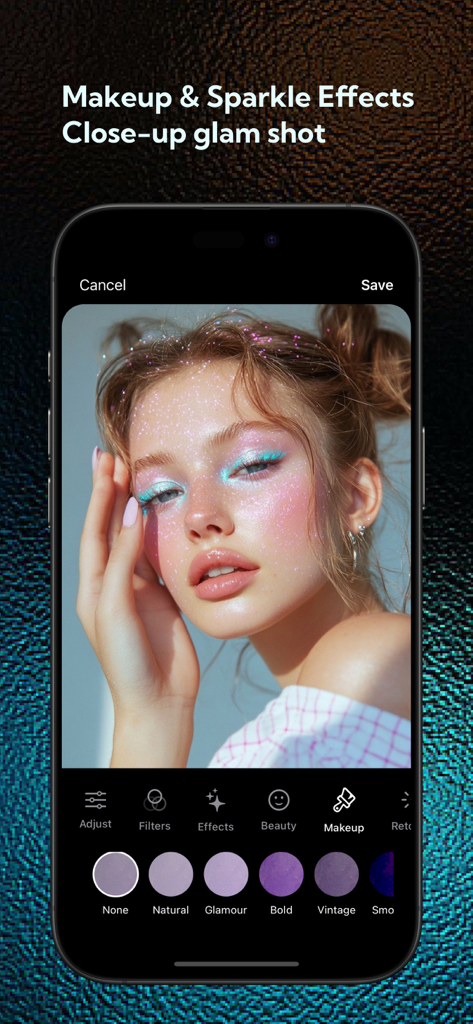 AI Photos Editor+ - Glam makeup and sparkle effect preview in AI Photos Editor app
