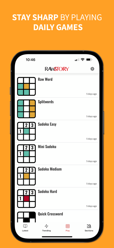 Interface of the Raw Story app showing a variety of daily brain games and puzzles including Sudoku and Raw Word
