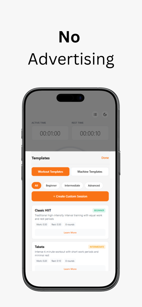 iPhone screen displaying the Interval Timer Loop app with various workout templates and a No Advertising headline.