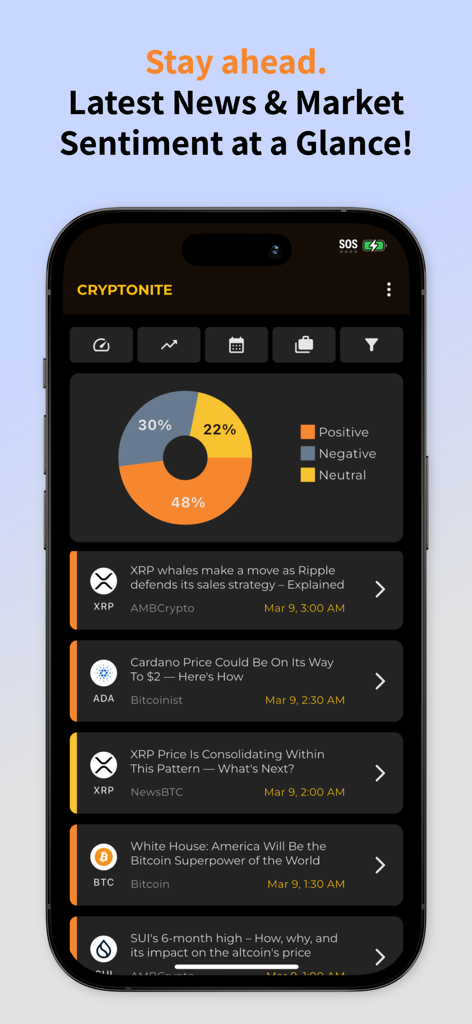 Cryptoniteモバイルアプリのインターフェース。市場センチメントの円グラフと最近の暗号資産ニュースのフィードが表示されています。