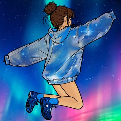 realistic girl jumping with a bun and oversized sweatshirt