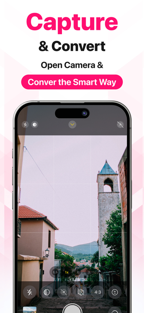 Image Converter • JPG to PDF - Ein Smartphone-Bildschirm, der die Kameraoberfläche für die Aufnahme- und Konvertierungsfunktion der App zeigt.