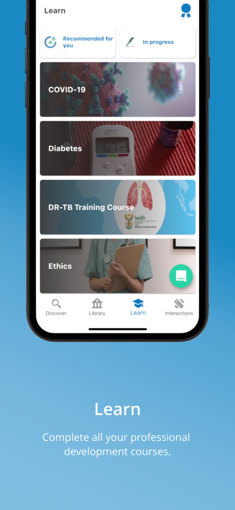 EMGuidance app Learn screen showing medical professional development courses for healthcare professionals