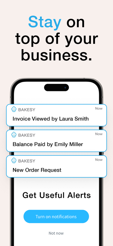 Un téléphone mobile affichant des notifications push de l'application Bakesy pour les nouvelles demandes de commande, les vues de factures et les paiements.