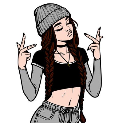realistic teenage girl with braids and a beanie and crop top doing 🫶🏼