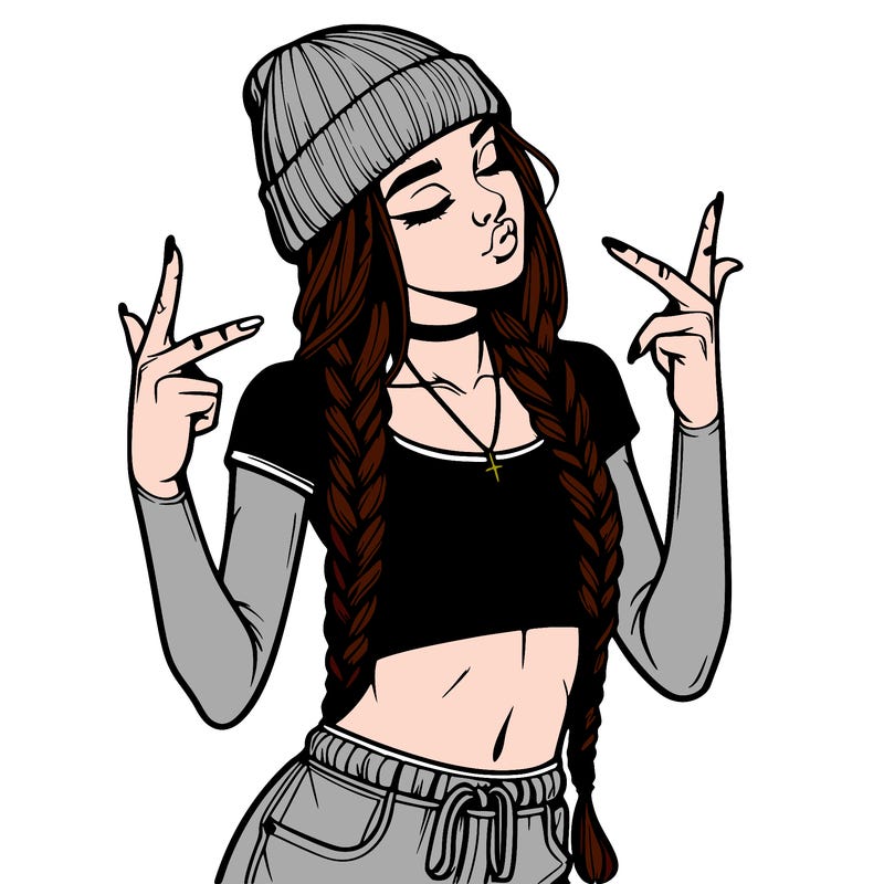 realistic teenage girl with braids and a beanie and crop top doing 🫶🏼