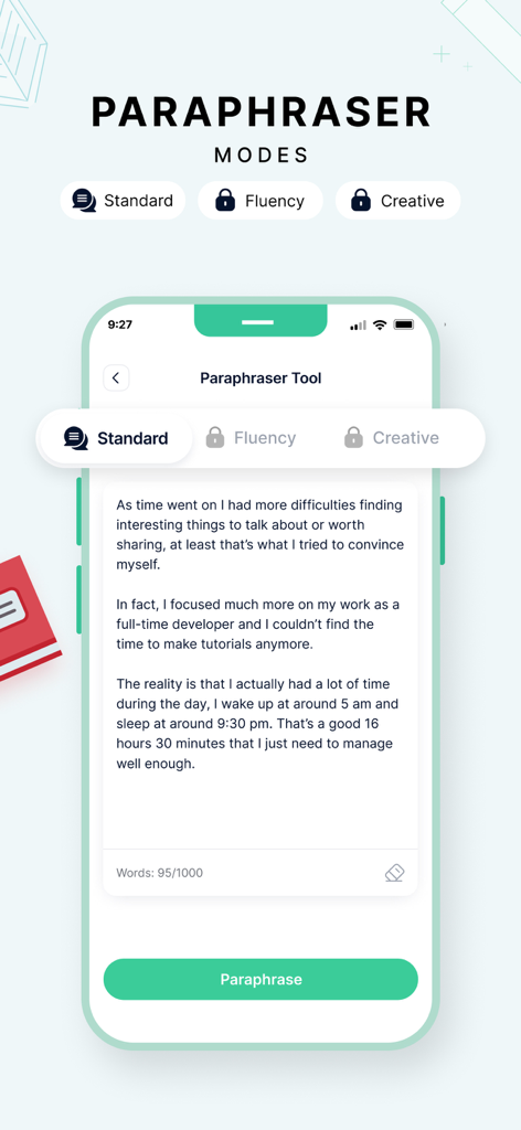 Text Summarizer - Tela móvel mostrando a Ferramenta de Parafraseador por IA com modos Padrão, Fluência e Criativo