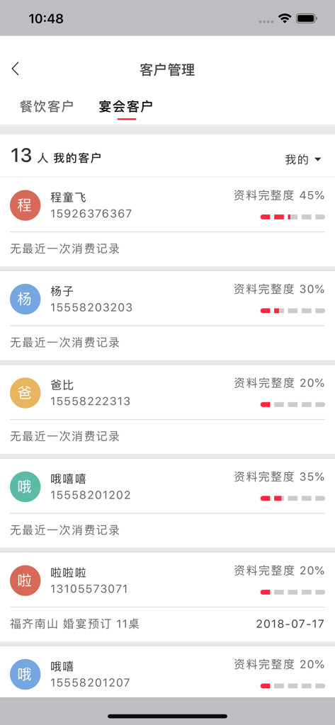 The banquet customer management screen in the Yi Ding PRO app showing a list of restaurant clients and booking details in Chinese