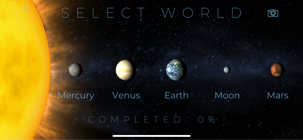 TerraGenesis - Space Settlers - Tela de Seleção de Mundo no TerraGenesis apresentando Mercúrio, Vênus, Terra, Lua e Marte.