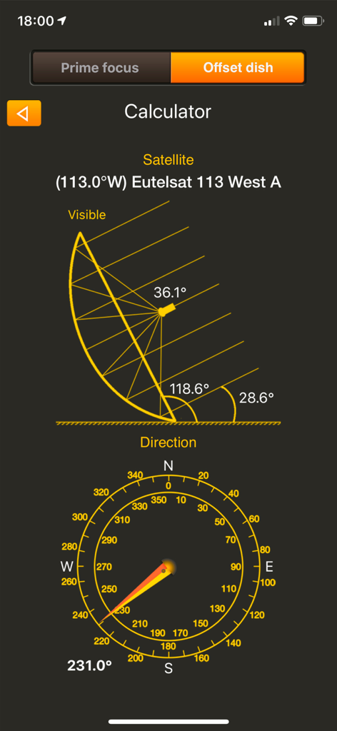 SatFinder Pro Satellite Finder - Tela da calculadora do aplicativo SatFinder Pro mostrando ângulos técnicos de alinhamento de antena offset e direção da bússola
