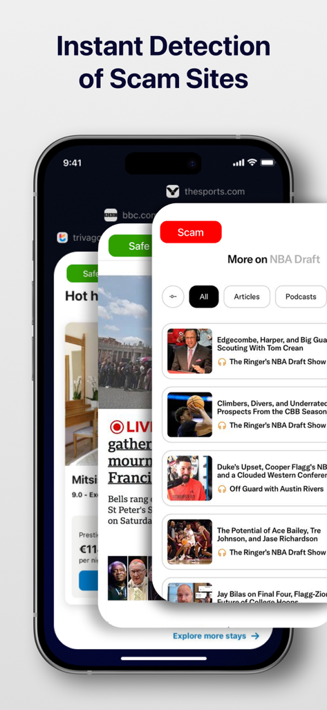 AI Shield app interface showing real-time detection of safe and scam websites within a mobile browser