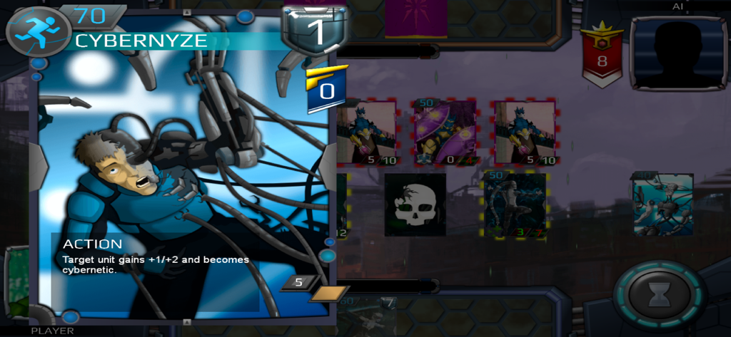 BSoD CCG - BSoD CCG gameplay screenshot showing the Cybernyze action card being played on a digital battlefield.