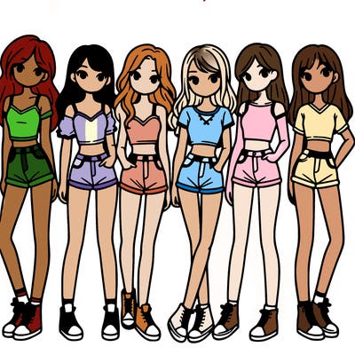 a group of girls wearing crop tops and shorts