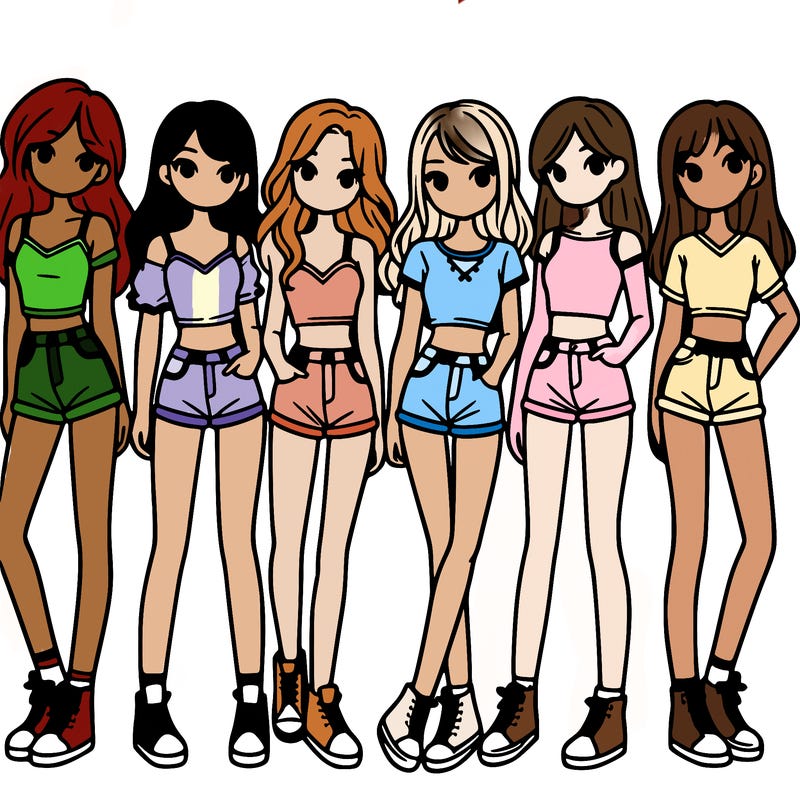 a group of girls wearing crop tops and shorts