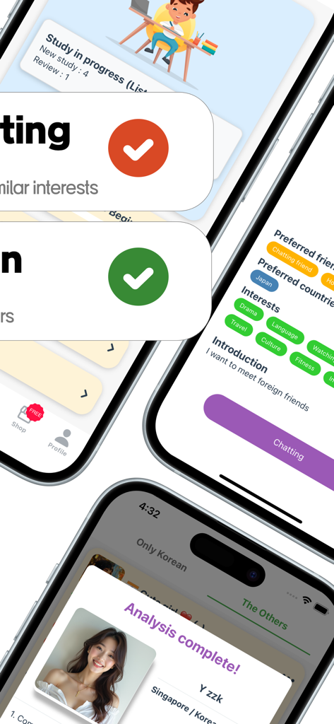 Hiyo: Korea,friends,world,talk - Varias pantallas de teléfonos inteligentes que muestran la interfaz de la aplicación Hiyo para conectar con amigos según intereses compartidos e intercambio cultural.