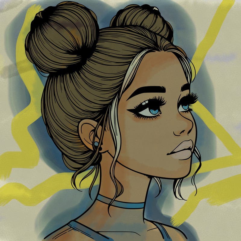 realistic girl with buns on the top of her head