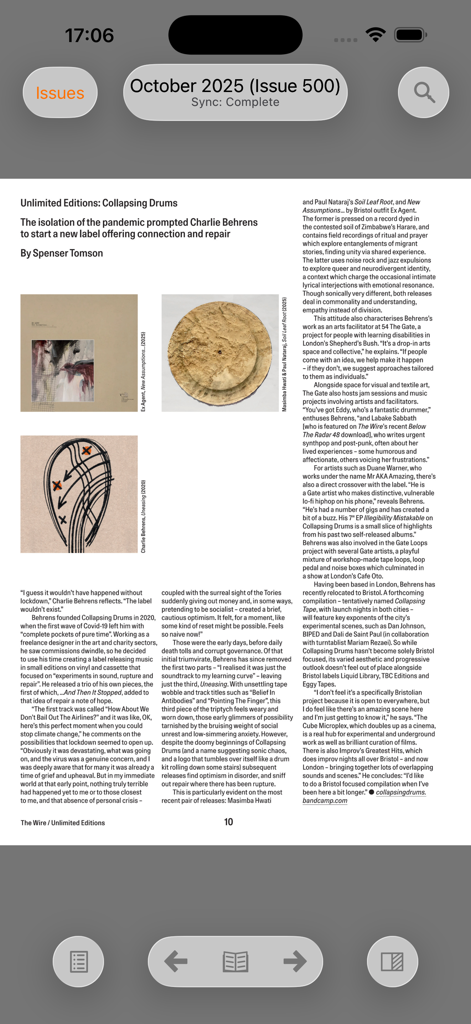 The Wire - Bildschirm, der eine digitale Seite aus der The Wire Magazin-App mit einem langen Musikartikel und einem Navigationsmenü zeigt