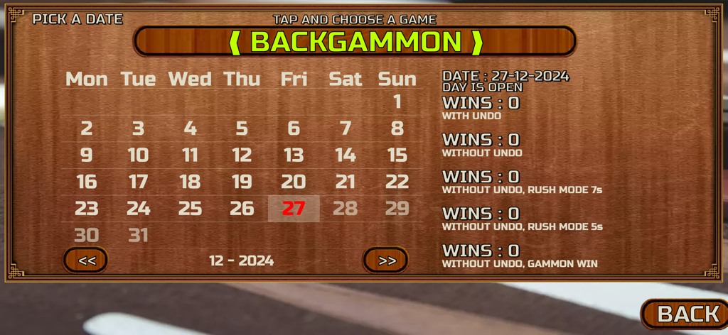 Backgammon 18 Online & Offline - Backgammon 18 daily statistics calendar showing wins and game modes.