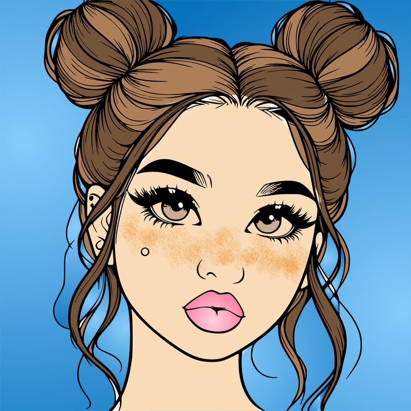 realistic girl with two buns on her hair and lips