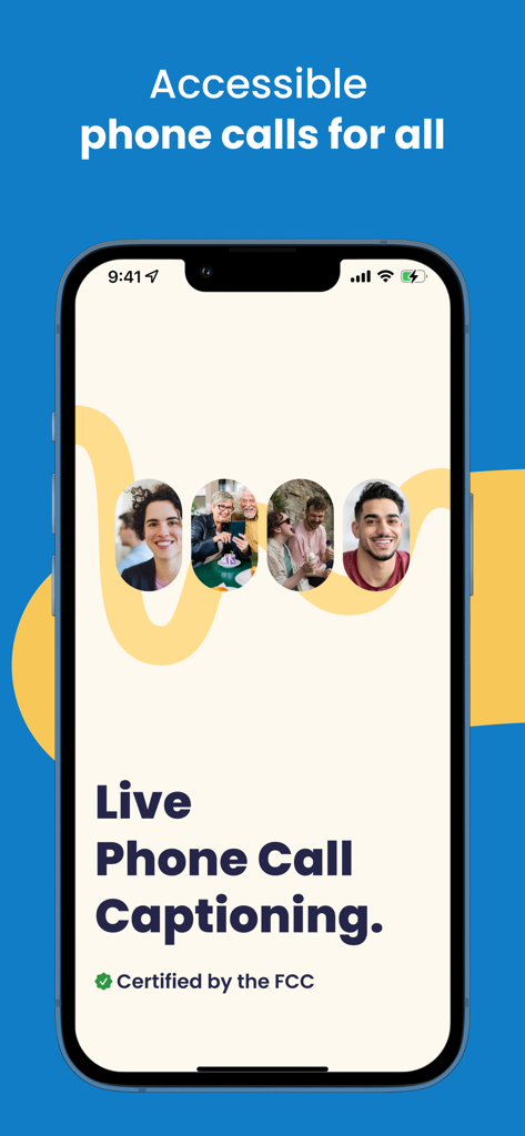Smartphone exibindo o aplicativo Nagish com o texto Legendas de Chamada ao Vivo e certificação FCC
