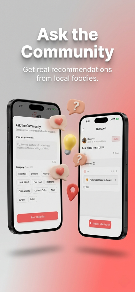 Savr: Find Restaurants & Cafes - Mobile screens showing Savr app community feature for local restaurant recommendations