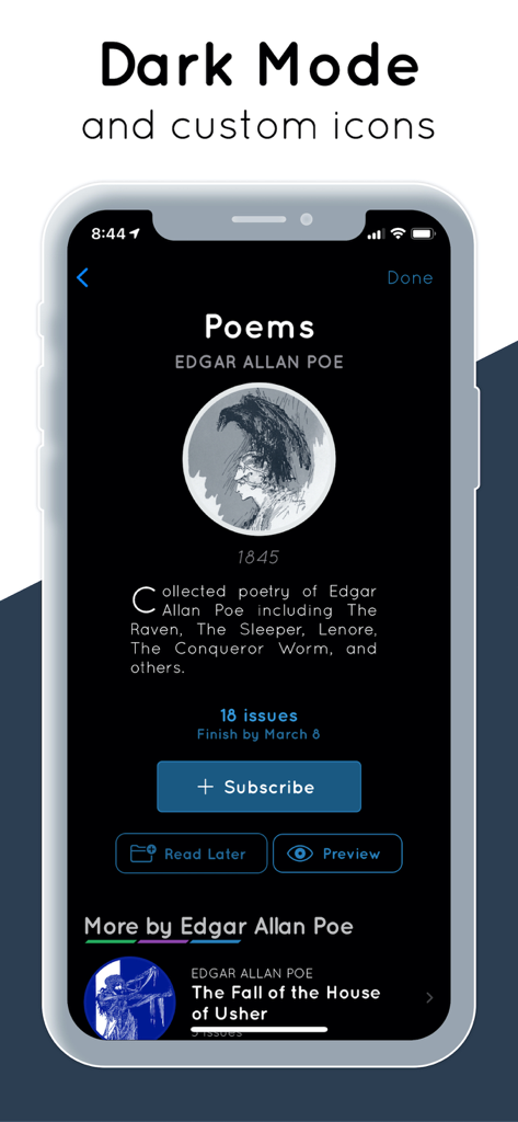 Serial Reader app interface in dark mode showing Edgar Allan Poe poetry collection with a subscribe button