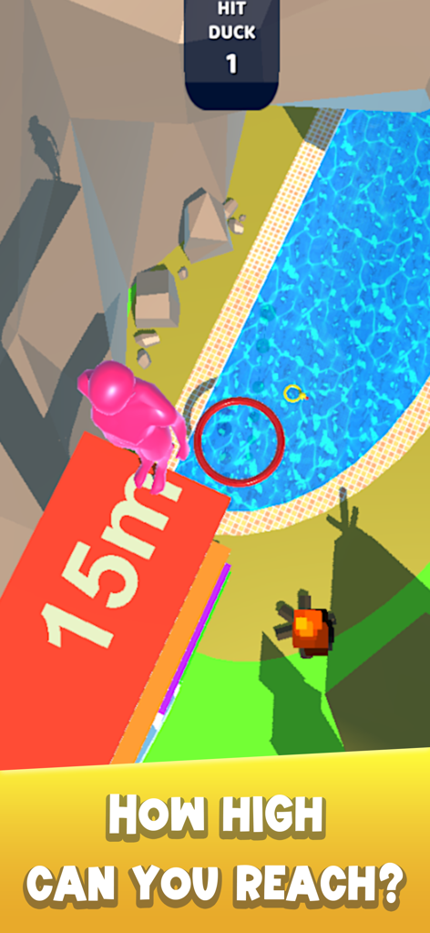 A pink character prepares to jump from a fifteen meter diving board in Flip and Dive 3D