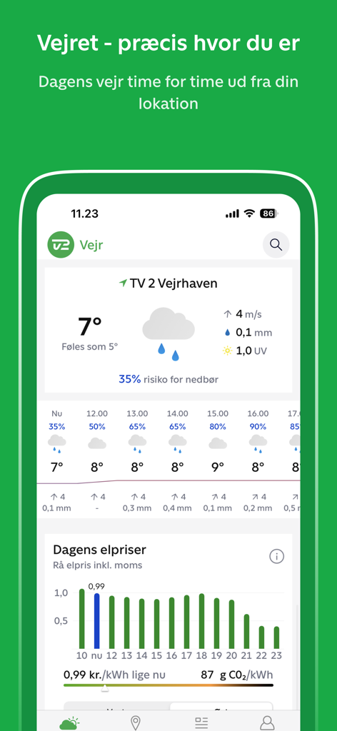 TV 2 Vejr - TV 2 Vejr app interface showing hourly weather forecast and electricity prices in Danish