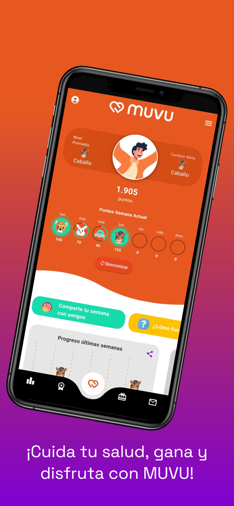 Muvu - Muvu app dashboard showing user points and daily activity goals represented by animal icons