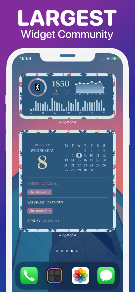 Custom health and calendar widgets on an iPhone home screen using widgetopia.