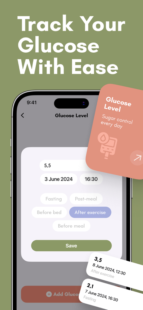 Interfaz de la aplicación Mi Rastreador de Alimentos para la Diabetes mostrando una pantalla de registro de niveles de glucosa en sangre con opciones para lecturas en ayunas y post-comida.