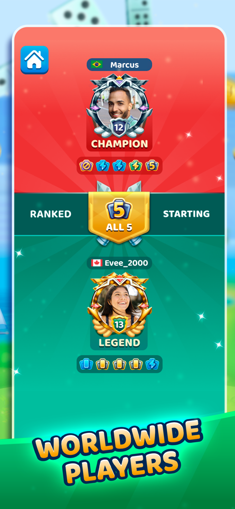 Dominoes Battle: The Best Game - A ranked multiplayer match screen featuring two players from different countries in All Fives mode