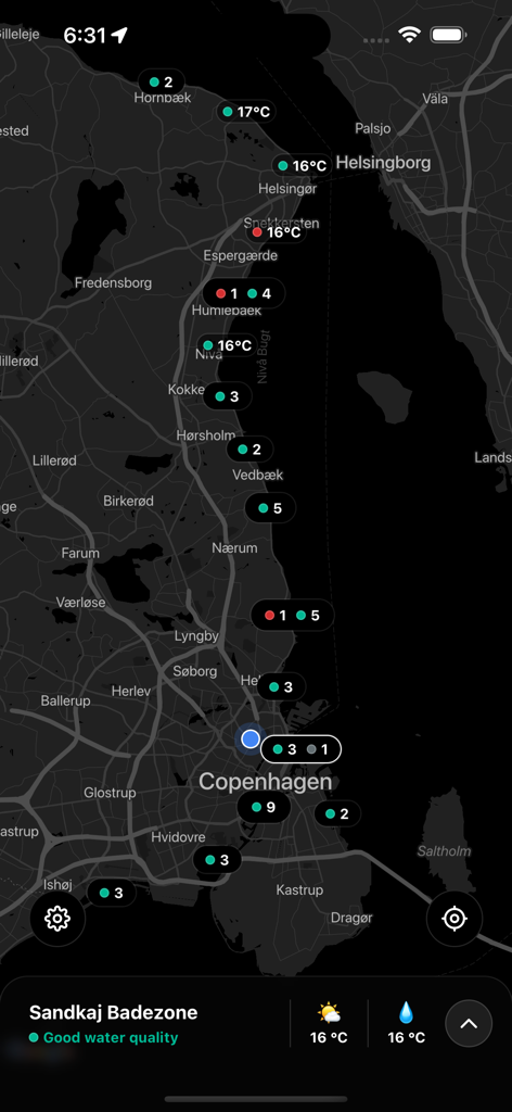 Swimming Water Quality Denmark - Visualização do mapa da área de Copenhague mostrando indicadores de qualidade e temperatura da água para natação