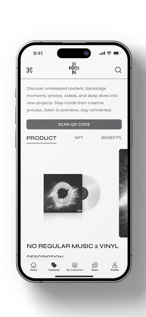 No Regular Music - Interfaz de la aplicación No Regular Music mostrando un disco de vinilo y un botón para escanear un código QR