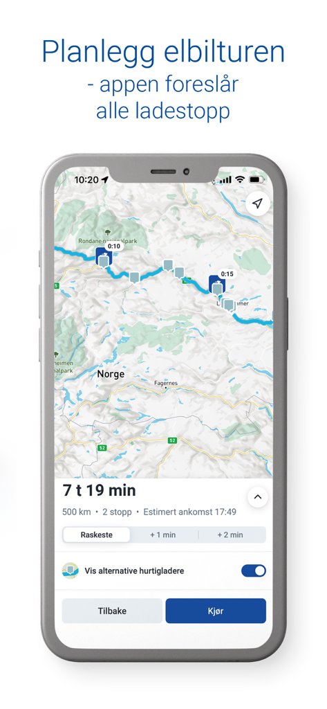 Bildschirm der mobilen App, der eine geplante Route für Elektrofahrzeuge mit Ladestopps und geschätzter Reisezeit anzeigt.