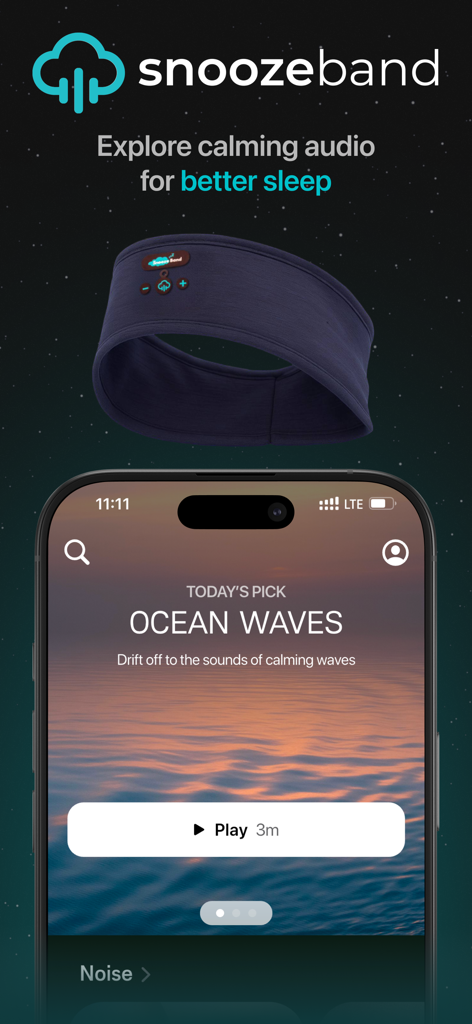 Snoozeband App-Oberfläche und Schlaf-Kopfbügel, die beruhigende Meereswellen-Audiotitel zeigen.