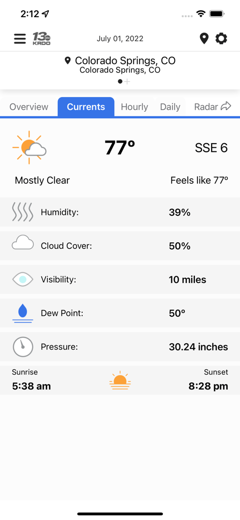 Current weather conditions for Colorado Springs in the KRDO StormTracker 13 app