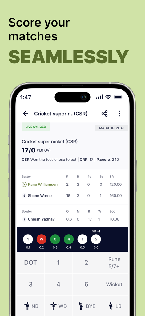 CricDost Scorer app interface showing live ball by ball cricket scoring and statistics